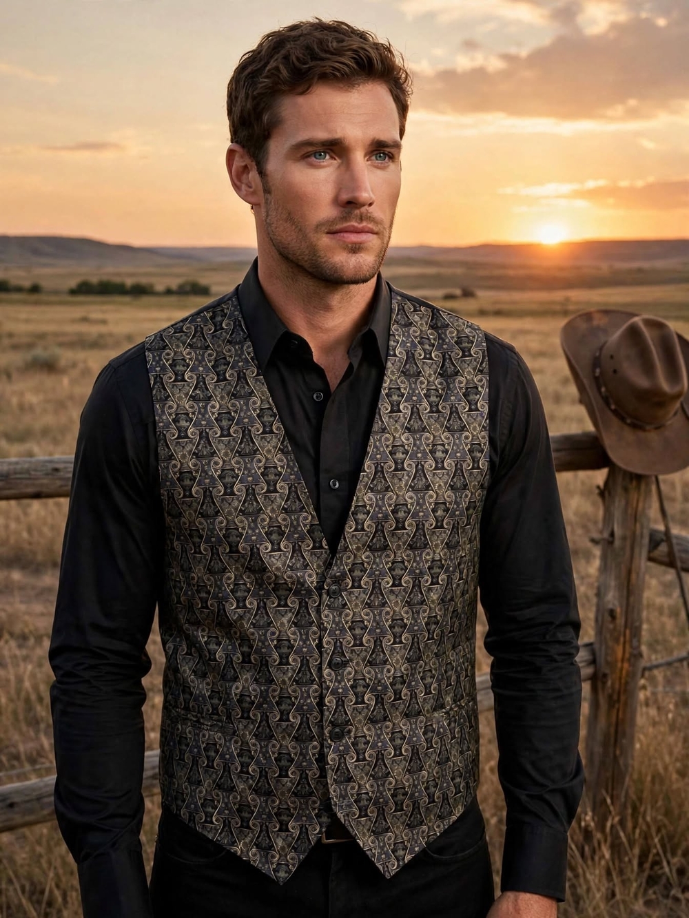 Men's Black Vest with Gold Patterned Brocade